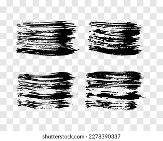 Set of four black brush strokes. Hand drawn ink spots isolated on transparent background. Vector illustration