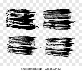 Set of four black brush strokes. Hand drawn ink spots isolated on transparent background. Vector illustration