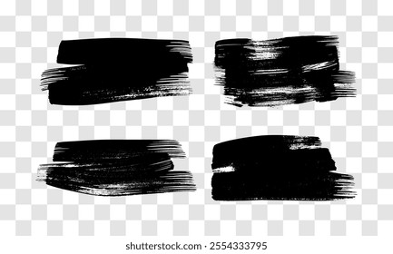 Set of four black brush strokes. Hand drawn ink spots isolated on transparent background. Vector illustration