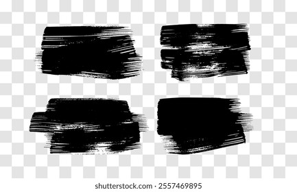 Set of four black brush strokes. Hand drawn ink spots isolated on transparent background. Vector illustration