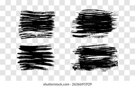 Conjunto de cuatro pinceladas negras. Manchas de tinta dibujadas a mano aisladas sobre fondo transparente. Ilustración vectorial