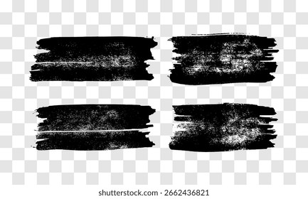Set of four black brush strokes. Hand drawn ink spots isolated on transparent background. Vector illustration
