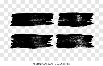 Set of four black brush strokes. Hand drawn ink spots isolated on transparent background. Vector illustration