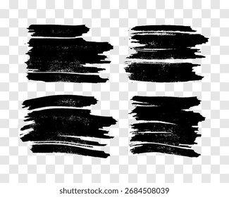 Conjunto de cuatro pinceladas negras. Manchas de tinta dibujadas a mano aisladas sobre fondo transparente. Ilustración vectorial