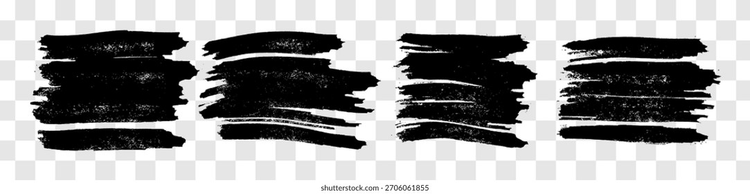 Conjunto de cuatro pinceladas negras. Manchas de tinta dibujadas a mano aisladas sobre fondo transparente. Ilustración vectorial