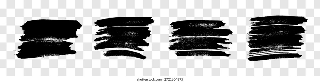 Conjunto de cuatro pinceladas negras. Manchas de tinta dibujadas a mano aisladas sobre fondo transparente. Ilustración vectorial