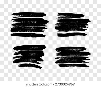Set of four black brush strokes. Hand drawn ink spots isolated on transparent background. Vector illustration