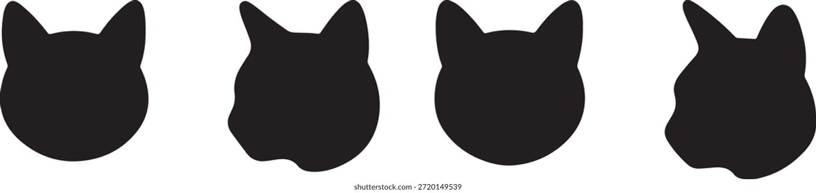 Un conjunto de cuatro siluetas de cabeza de gato negro en diferentes ángulos, adecuado para varias marcas relacionadas con mascotas, pegatinas e iconos de la clínica.