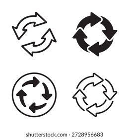 Conjunto de cuatro flechas circulares negras que indican los procesos de actualización, Actualizar, recarga o reciclaje para medios digitales e impresos.