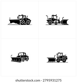 A set of four black construction vehicles including a grader, road roller, and two snowplows depicted in a clean line art style ideal for construction and industry presentations