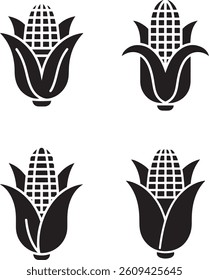 Set of four black corn icons with leaves, designed in a simple, minimalistic style on a white background.