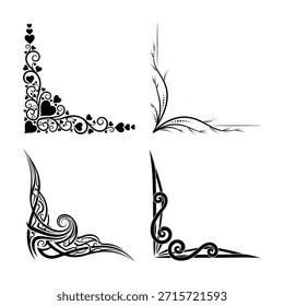 Conjunto de cuatro diseños de esquinas negras con motivos florales y patrones de remolino en blanco.