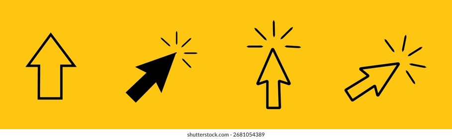 Set of four black cursor and arrow icons with click effect on yellow background. Collection of web interface symbols for UI, pointer, internet navigation, button press, and web design elements.