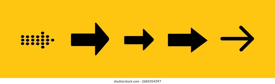 Conjunto de cuatro iconos de cursor negro y flecha con efecto Hacer clic sobre fondo amarillo. Colección de símbolos de interfaz de Web para UI, puntero, navegación por Internet, prensa de Botón y Elementos de Diseño web.