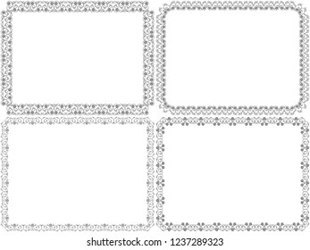 Set of four black decorative flower frames with interlaced lines isolated on the white background as a design postcards