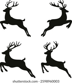 Set of Four Black Deer Silhouettes in Motion