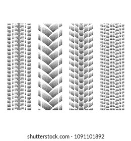 Set of four black dotted tire track silhouettes isolated on white background