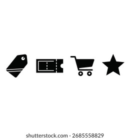 Um conjunto de quatro ícones pretos do e-commerce: uma etiqueta de preço, um cupom, um carrinho de compras e uma estrela, isolada em um fundo branco.