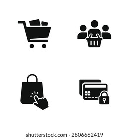 Set of four black e-commerce icons showing shopping cart, people with basket, online shopping bag click and secure credit card payment for web design and mobile app interface use