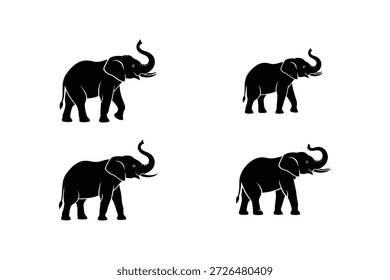 Um conjunto de quatro silhuetas de elefante preto em diferentes poses sobre um plano de fundo branco.