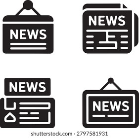 Set of four black featuring news signs, newspaper layouts, and hanging boards with news text media