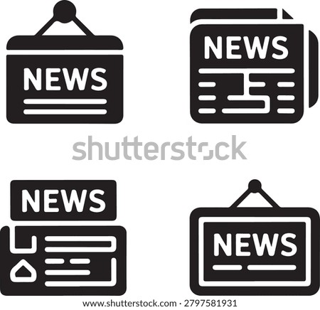 Set of four black featuring news signs, newspaper layouts, and hanging boards with news text media