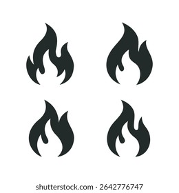 Set of four black flame icons in flat silhouette style. Represents fire, heat, energy, danger, or burn symbol. Ideal for warning signs, UI design, or safety related infographics.