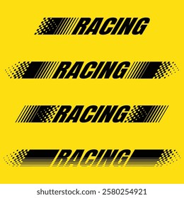 Set of four black flat racing decals with different halftone lines and sample text