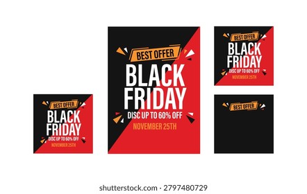 A set of four Black Friday banners in red, black, and orange, advertising discounts up to sixty percent off on November twenty fifth, with a best offer label and geometric shapes