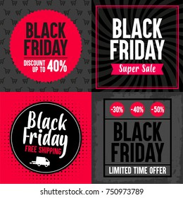 Set of four Black Friday banners. Different offers. Vector illustration.