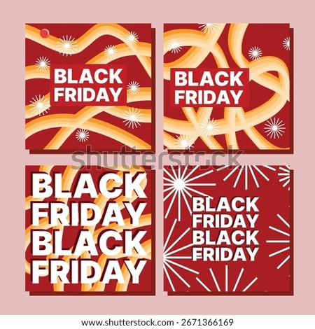 Set of four Black Friday posters with vibrant red and yellow designs, featuring bold white text and decorative elements