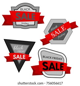 Set of four black friday sale badges with red ribbon on a white background. Vector illustration
