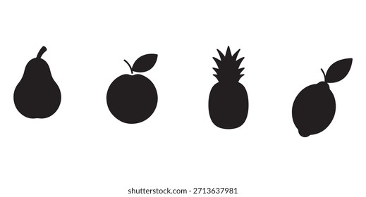 Eine Reihe von vier Silhouetten aus schwarzen Früchten auf weißem Hintergrund, darunter eine Birne, ein Apfel, eine Ananas und eine Olive mit einem Blatt.