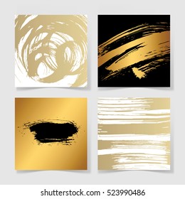 set of four black and gold ink brushes grunge square pattern, hand drawing background collection for your design, brush strokes element vector illustration 