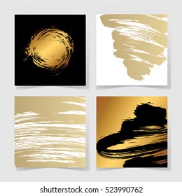 set of four black and gold ink brushes grunge square pattern, hand drawing background collection for your design, brush strokes element vector illustration 