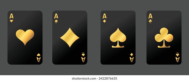 Set of four black golden ace card suits. Poker playing, gambling concept. Casino design. Vector illustration