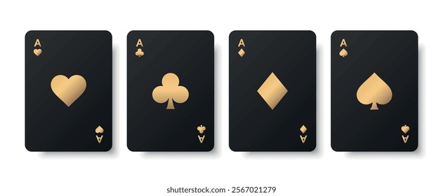 Set of four black golden ace card suits. Poker hearts, clubs, spades and diamonds. A winning poker hand. Casino gambling concept. Vector illustration