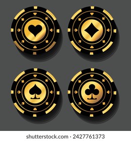 Set of four black golden poker chips: diamonds, hearts, spades and clubs chips. Gambling tokens poker, casino design elements. Vector illustration