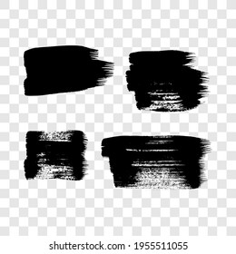Set of four black grunge brush strokes. Painted ink smear. Ink spot isolated on transparent background. Vector illustration