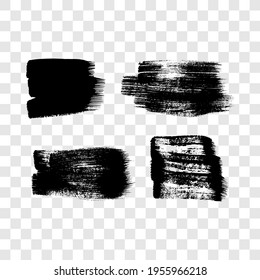 Set of four black grunge brush strokes. Painted ink smear. Ink spot isolated on transparent background. Vector illustration