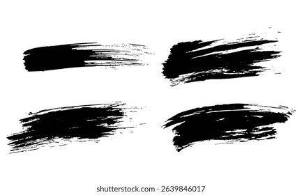Set of four black grunge brush strokes on a white background, perfect for creative design elements, banners, and artistic effects in posters, flyers, or digital artwork.