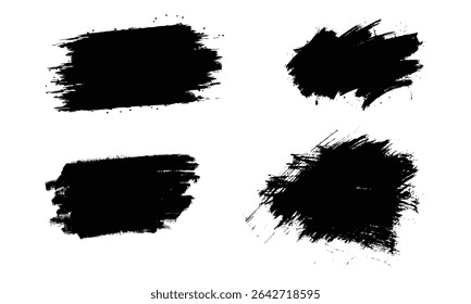Set of four black grunge brush strokes on a white background. Perfect for use in graphic design, abstract art, banners, texture overlays, or creative projects with a rough or distressed aesthetic.