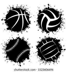 Set of four black grunge circle splashes with white outline sport balls silhouettes