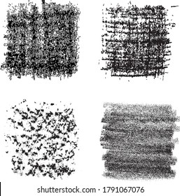 Set of four black hand drawn pencil texture on transparent background. Noise, grain, grunge structure. For overlay, montage, shading or brushes. Abstract vector illustration. Easy to recolor.