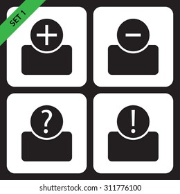set of four black icons - bust with plus, minus, question mark and exclamation mark