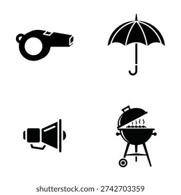 A set of four black icons including a whistle, umbrella, megaphone, and barbecue grill on a white background silhouette