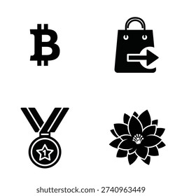 A set of four black icons on a white background including a bitcoin symbol, shopping bag, medal, and lotus flower silhouette