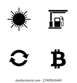 A set of four black icons on a white background including a sun, gas pump, recycling symbol, and bitcoin logo silhouette