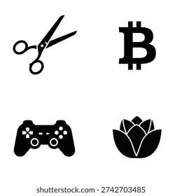 A set of four black icons on a white background including scissors, bitcoin, a video game controller and a lotus flower silhouette
