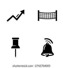 A set of four black icons on a white background including an arrow graph, volleyball net, push pin, and ringing bell silhouette